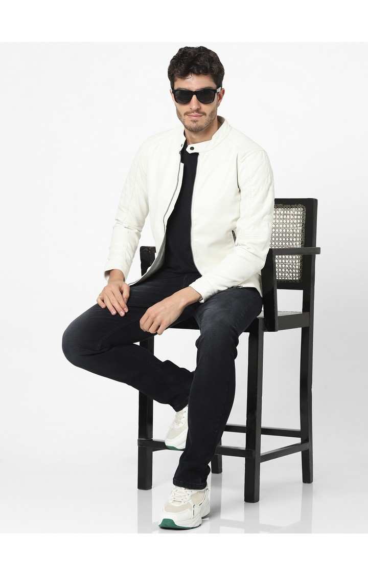 Men s White Solid Leather Jackets