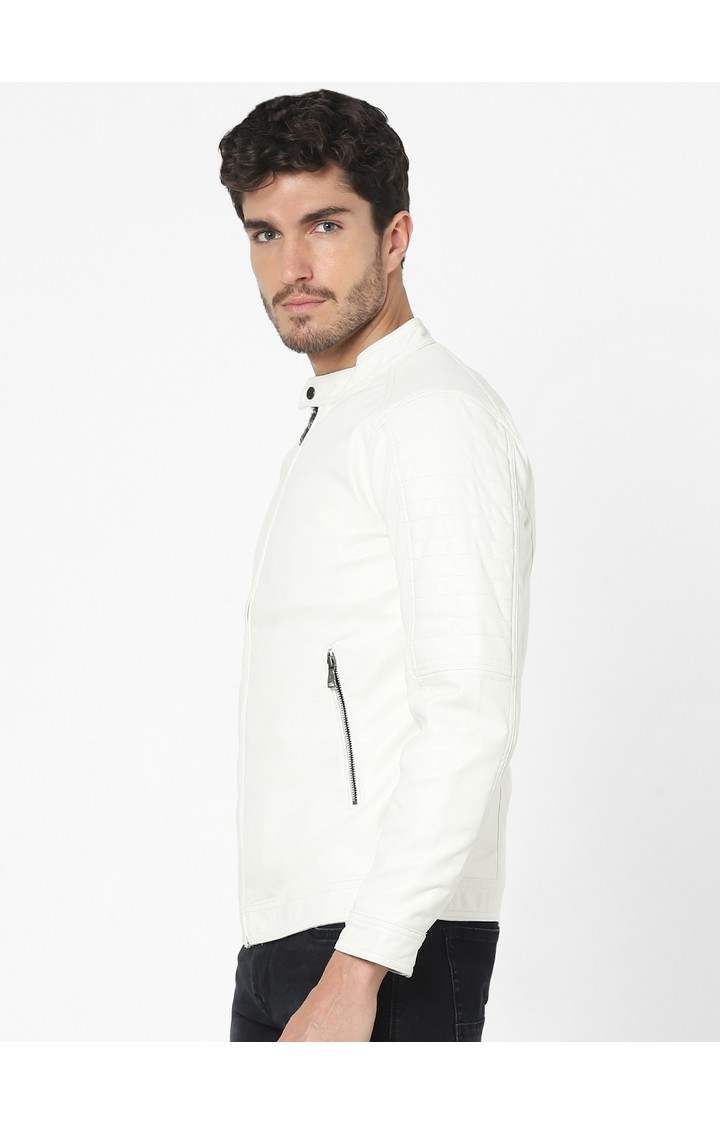 Men s White Solid Leather Jackets