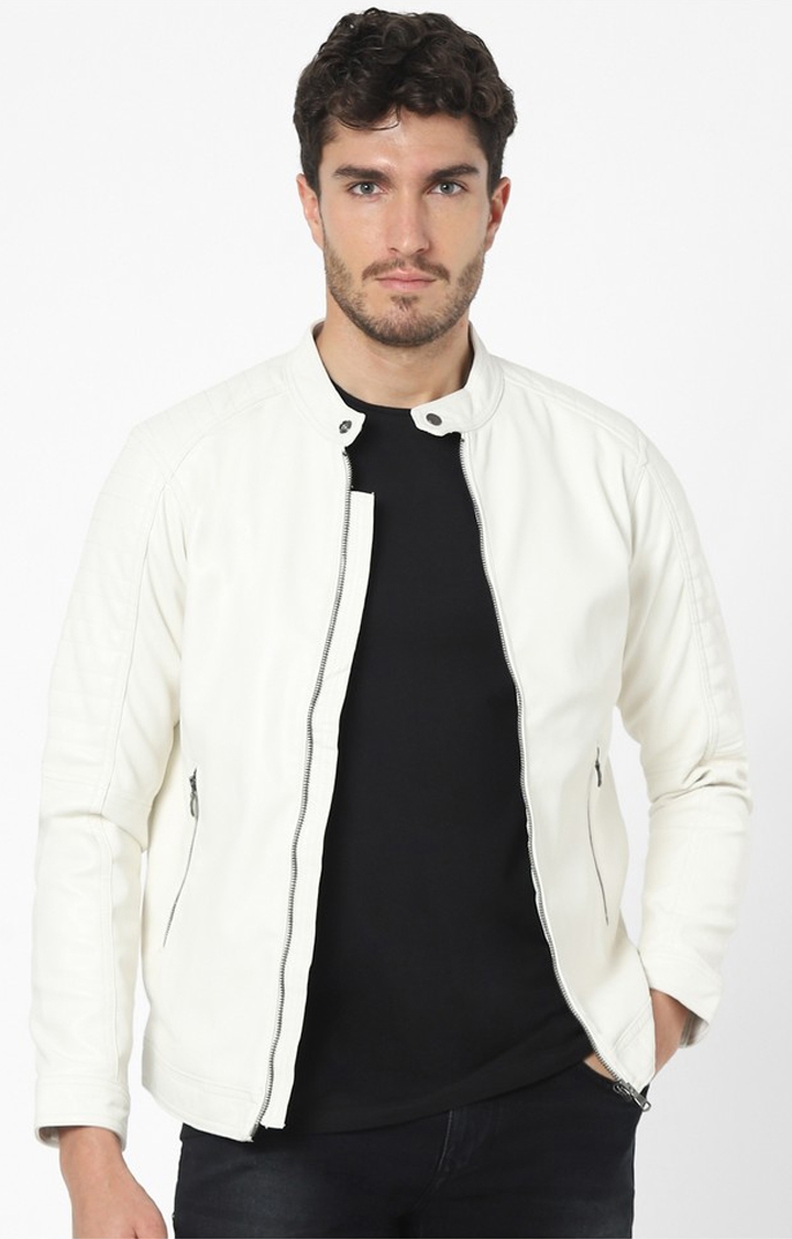 celio | Men's White Solid Leather Jackets