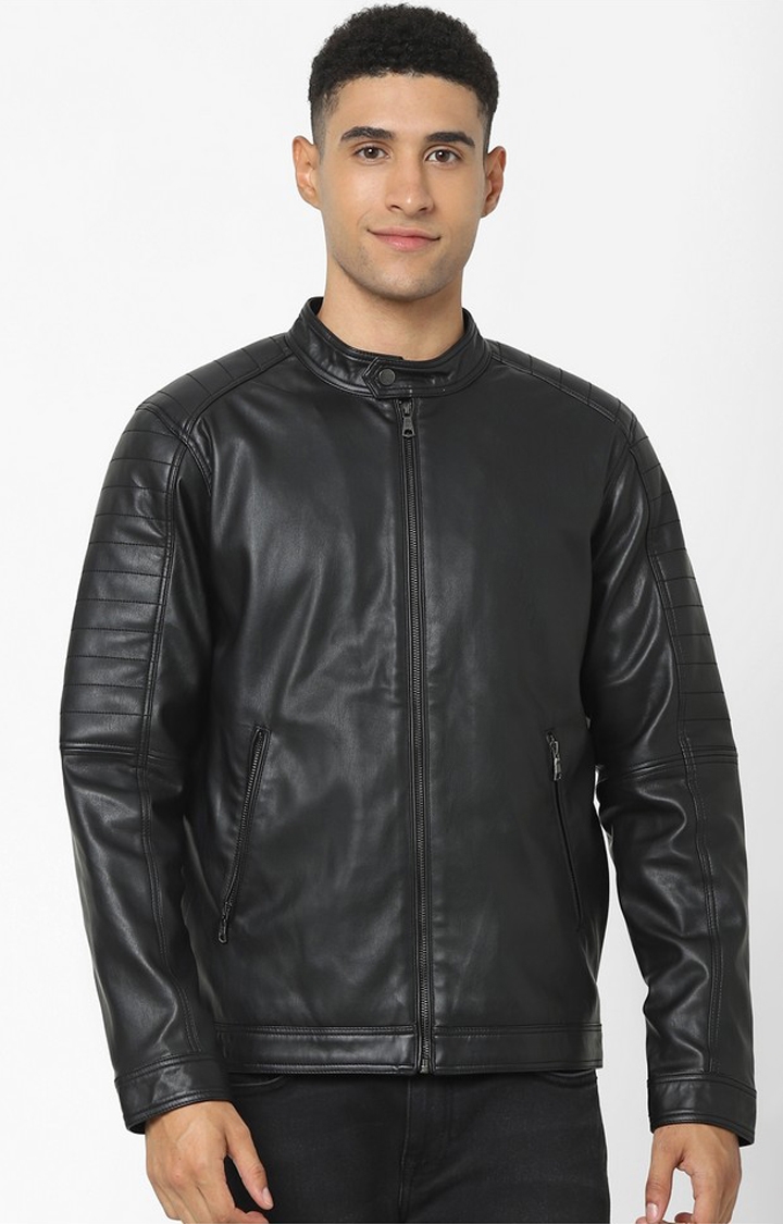 celio | Men's Black Solid Leather Jackets