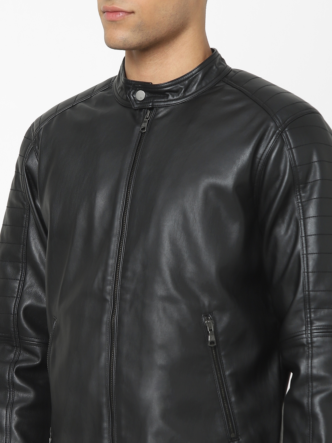 Men's Black Solid Leather Jackets