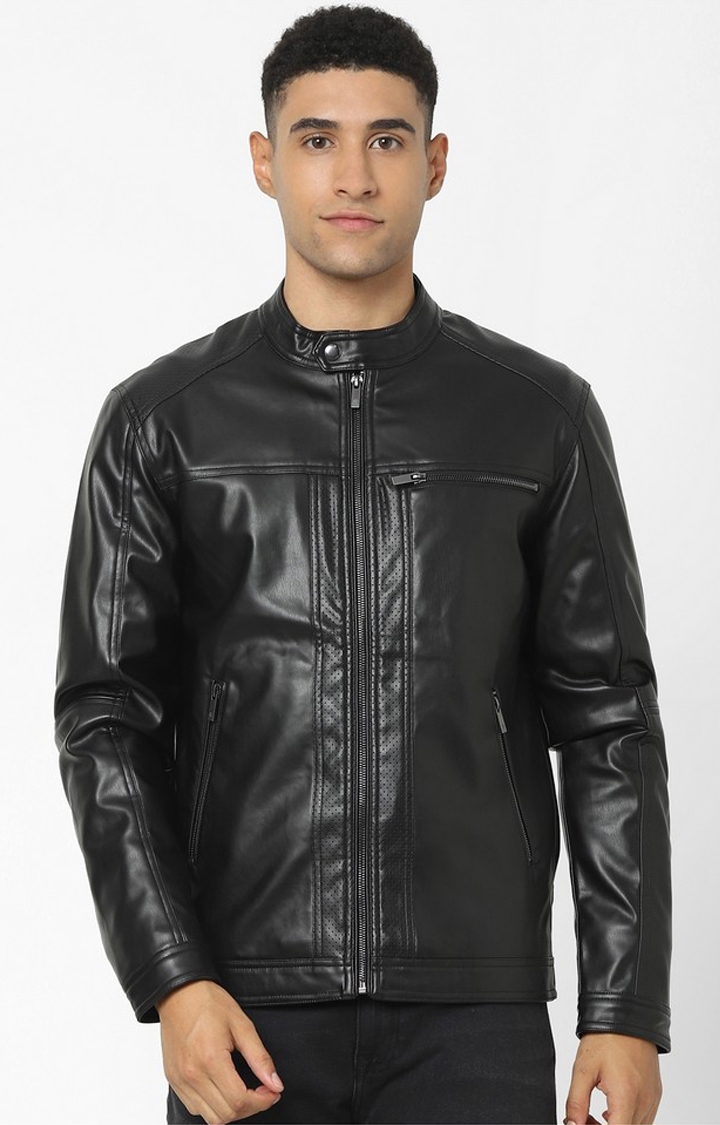 celio | Men's Black Solid Leather Jackets