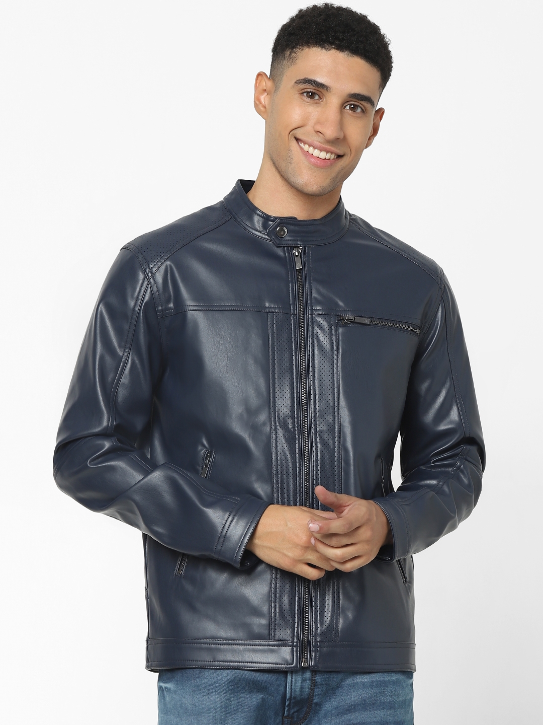 celio | Men's Navy Solid Leather Jackets