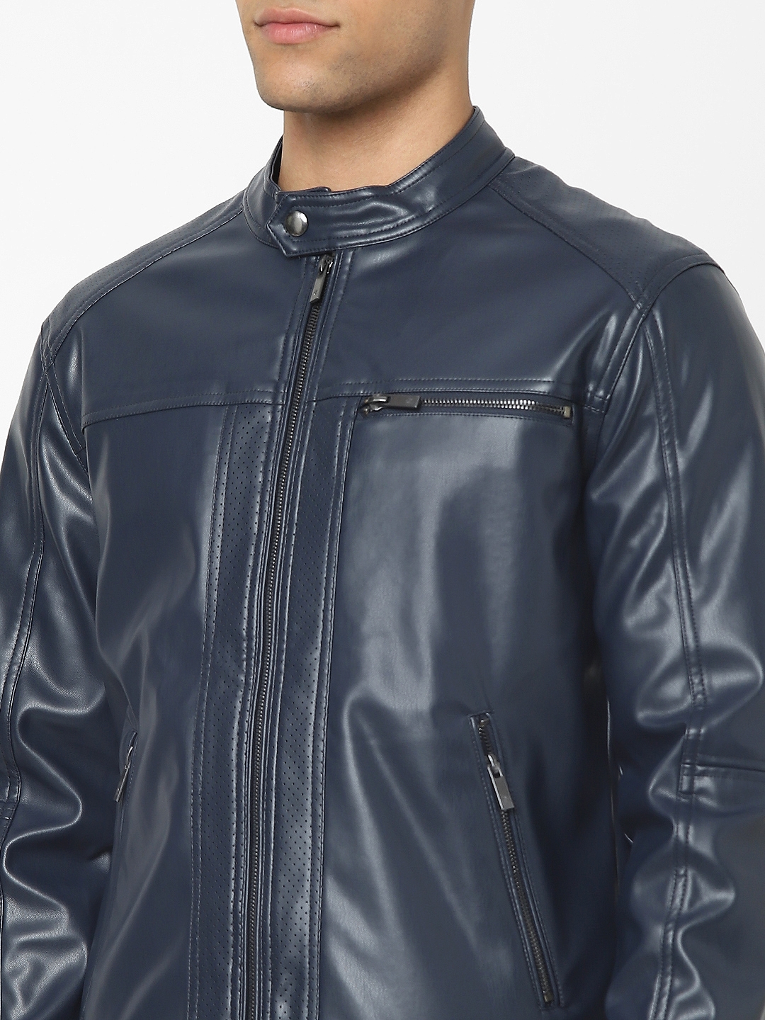 Men's Navy Solid Leather Jackets