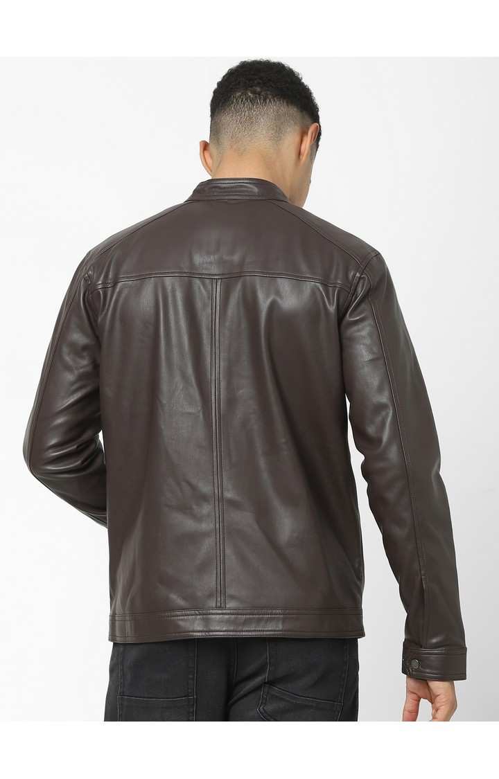 Men's Brown Solid Leather Jackets