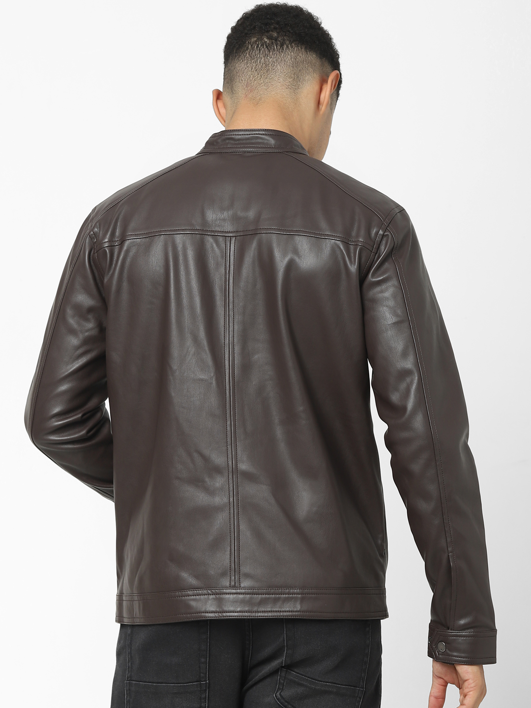 Men's Brown Solid Leather Jackets