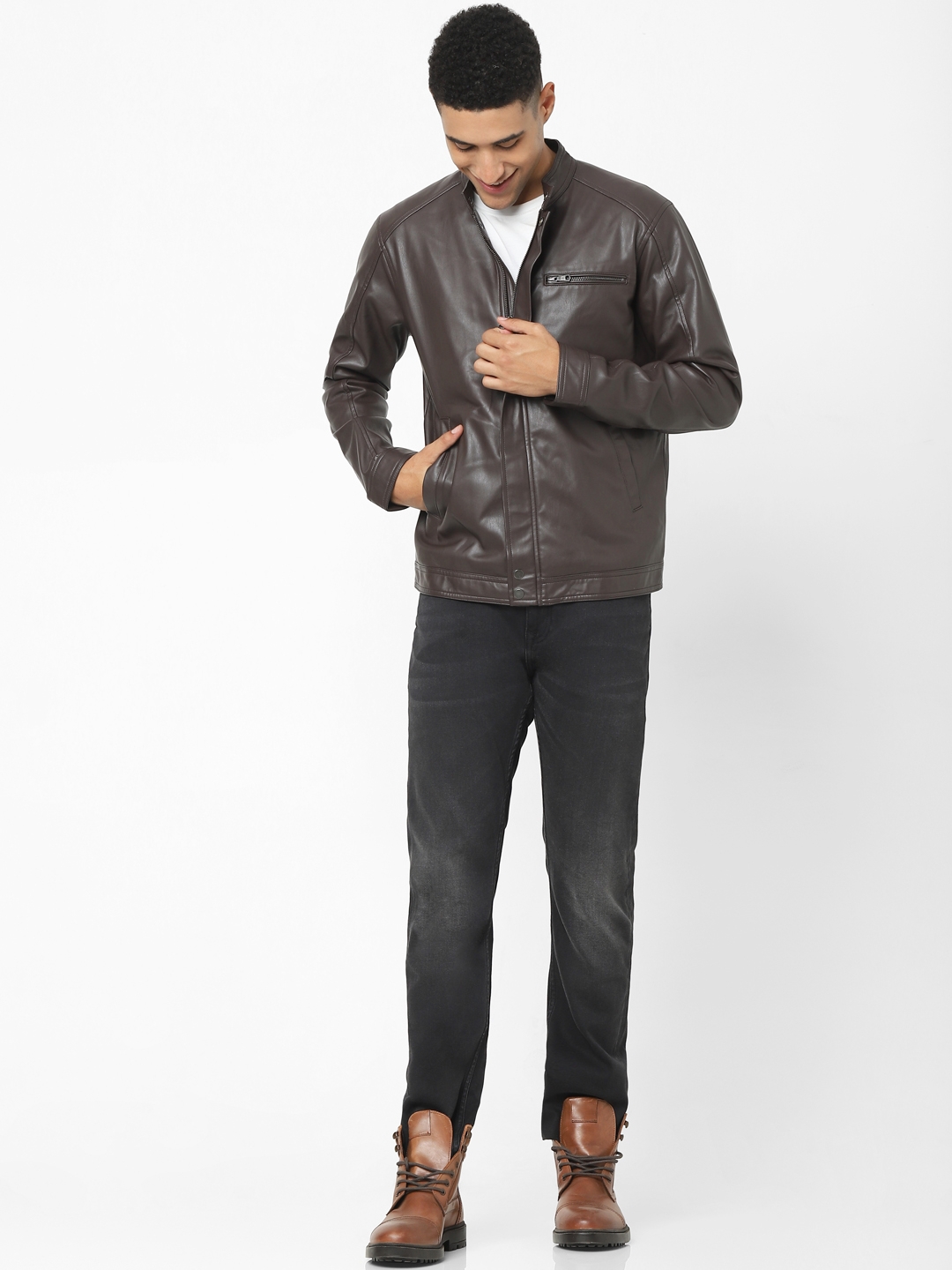 Men's Brown Solid Leather Jackets