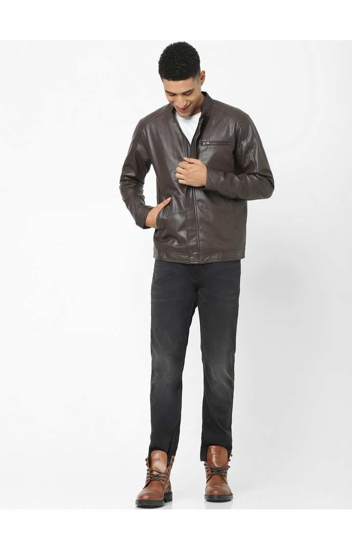 Men's Brown Solid Leather Jackets