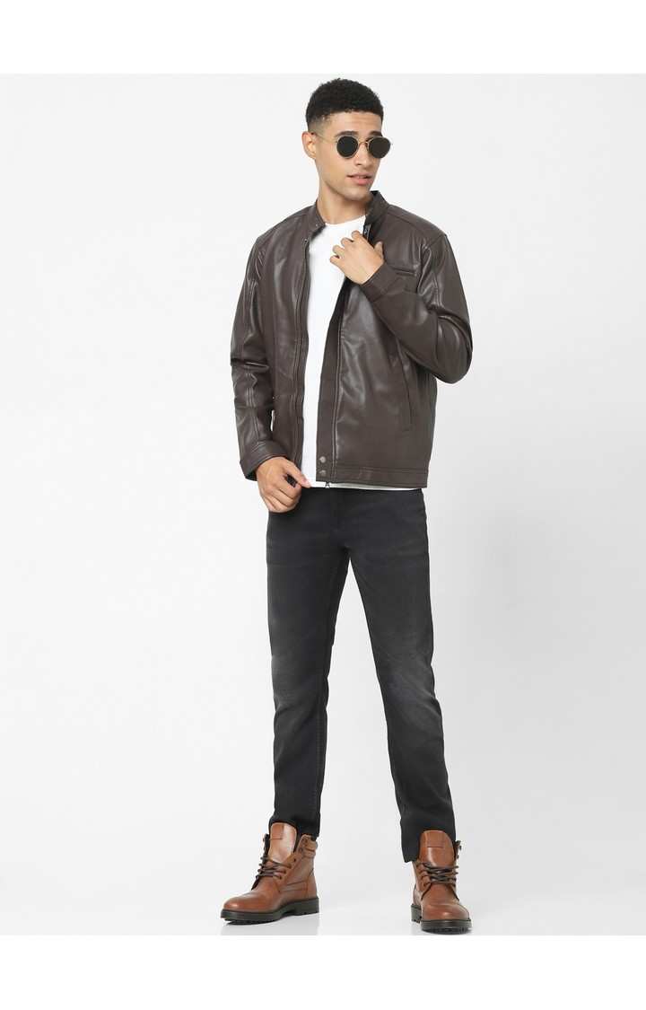 Men's Brown Solid Leather Jackets