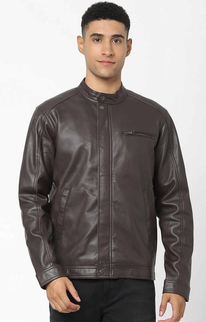 celio | Men's Brown Solid Leather Jackets