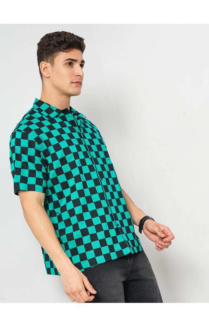 Demon Slayer - Green Checked Short Sleeves Cotton Shirt XS
