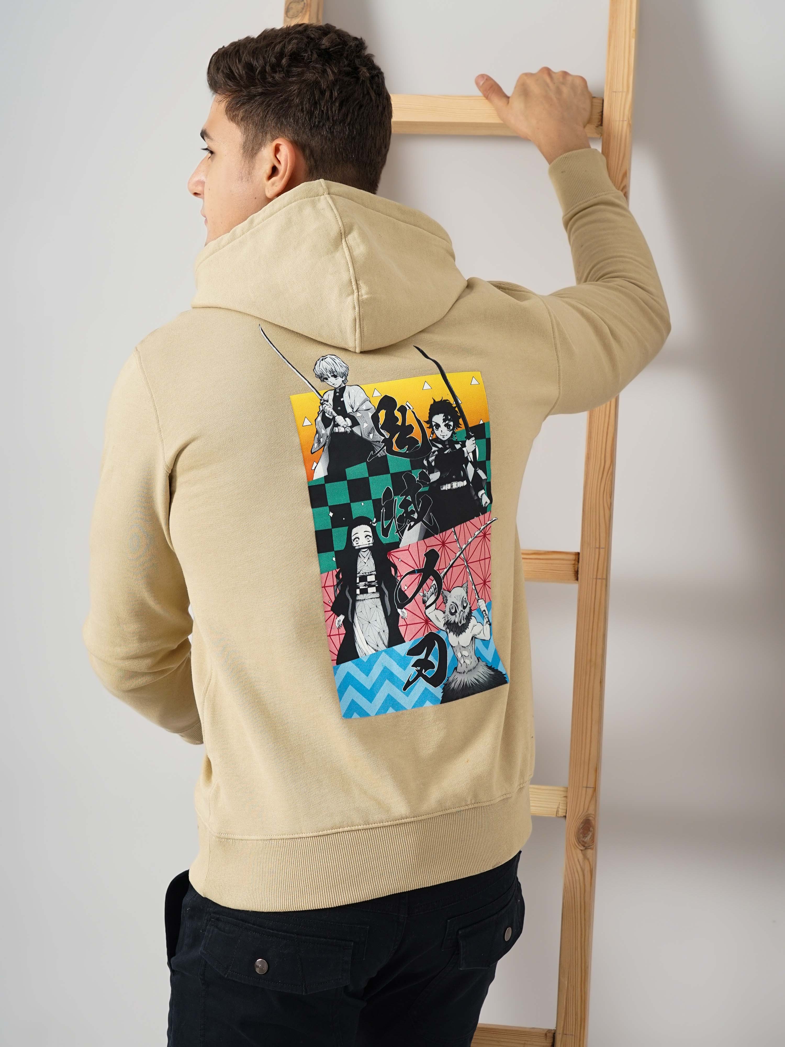 celio | Demon Slayer - Beige Graphic Printed Cotton Hooded Sweatshirt XS 3