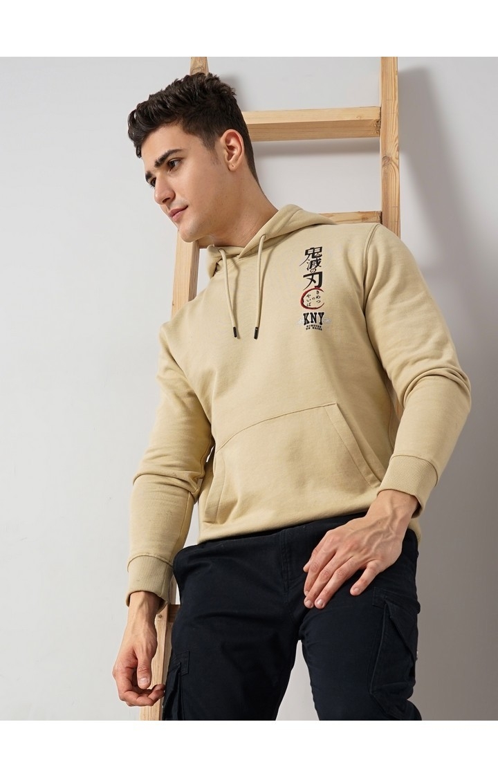 Demon Slayer - Beige Graphic Printed Cotton Hooded Sweatshirt XS