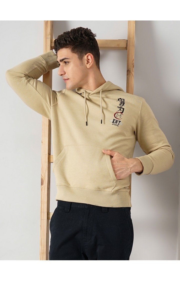 Demon Slayer - Beige Graphic Printed Cotton Hooded Sweatshirt XS