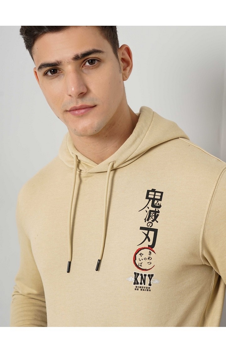 Demon Slayer - Beige Graphic Printed Cotton Hooded Sweatshirt XS