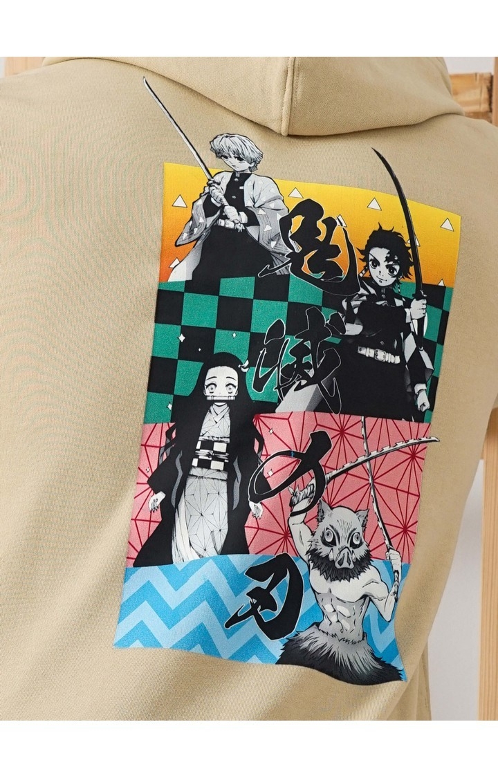 Demon Slayer - Beige Graphic Printed Cotton Hooded Sweatshirt XS