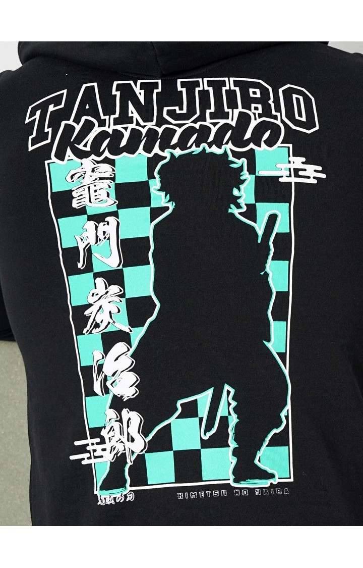 Demon Slayer - Black Graphic Printed Cotton Hooded Sweatshirt XS