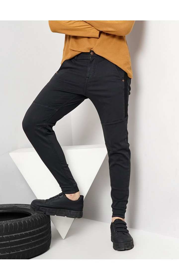 Celio Men Black Solid Slim Fit Cotton Twill Denim Cargo Jeans