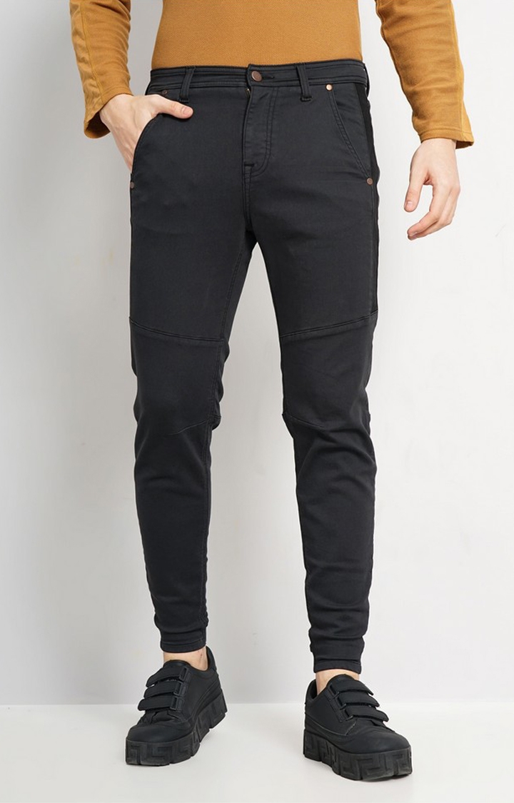 celio | Celio Men Black Solid Slim Fit Cotton Twill Denim Cargo Jeans