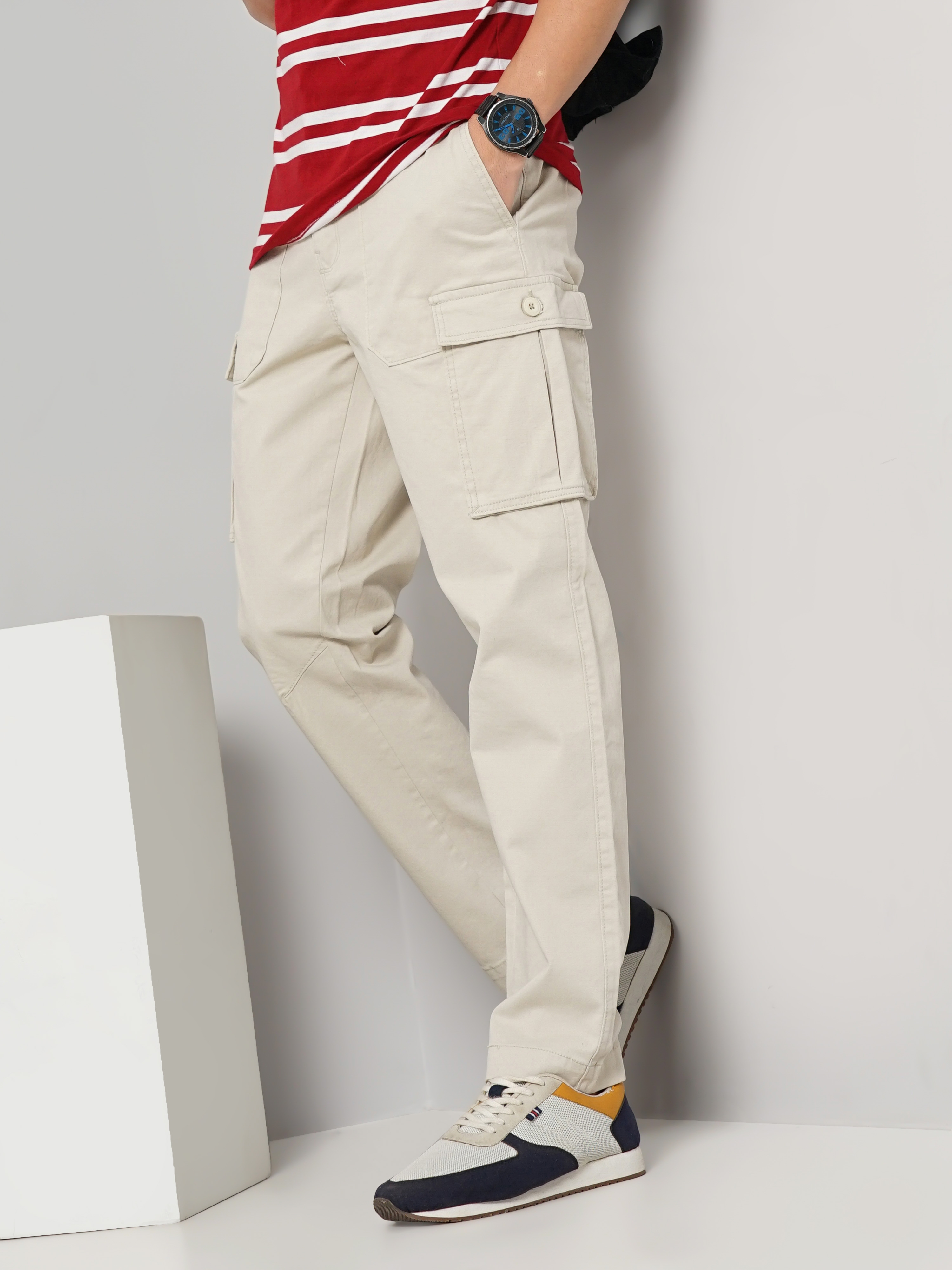 celio | Celio Men Beige Solid Regular Fit Cotton Cargo Casual Trouser 5
