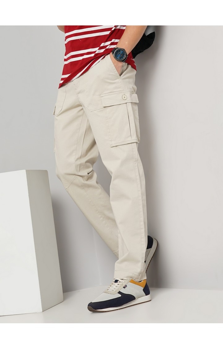 Celio Men Beige Solid Regular Fit Cotton Cargo Casual Trouser