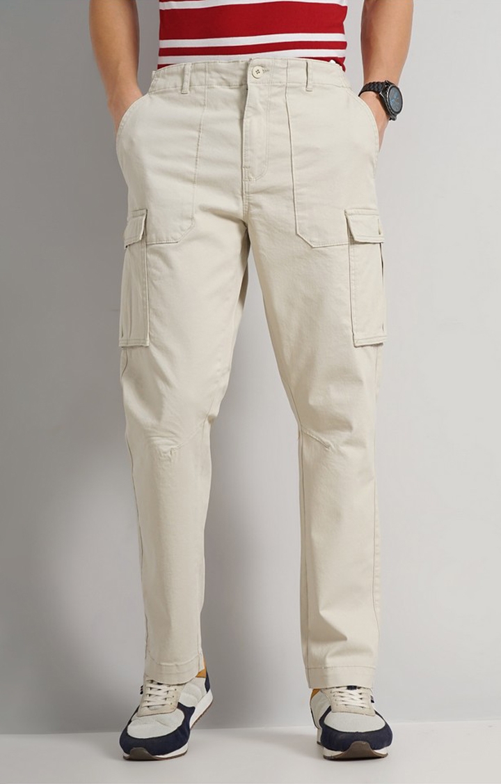 celio | Celio Men Beige Solid Regular Fit Cotton Cargo Casual Trouser