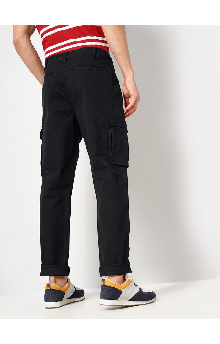 Celio Men Black Solid Regular Fit Cotton Cargo Casual Trouser
