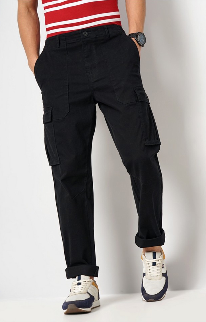celio | Celio Men Black Solid Regular Fit Cotton Cargo Casual Trouser