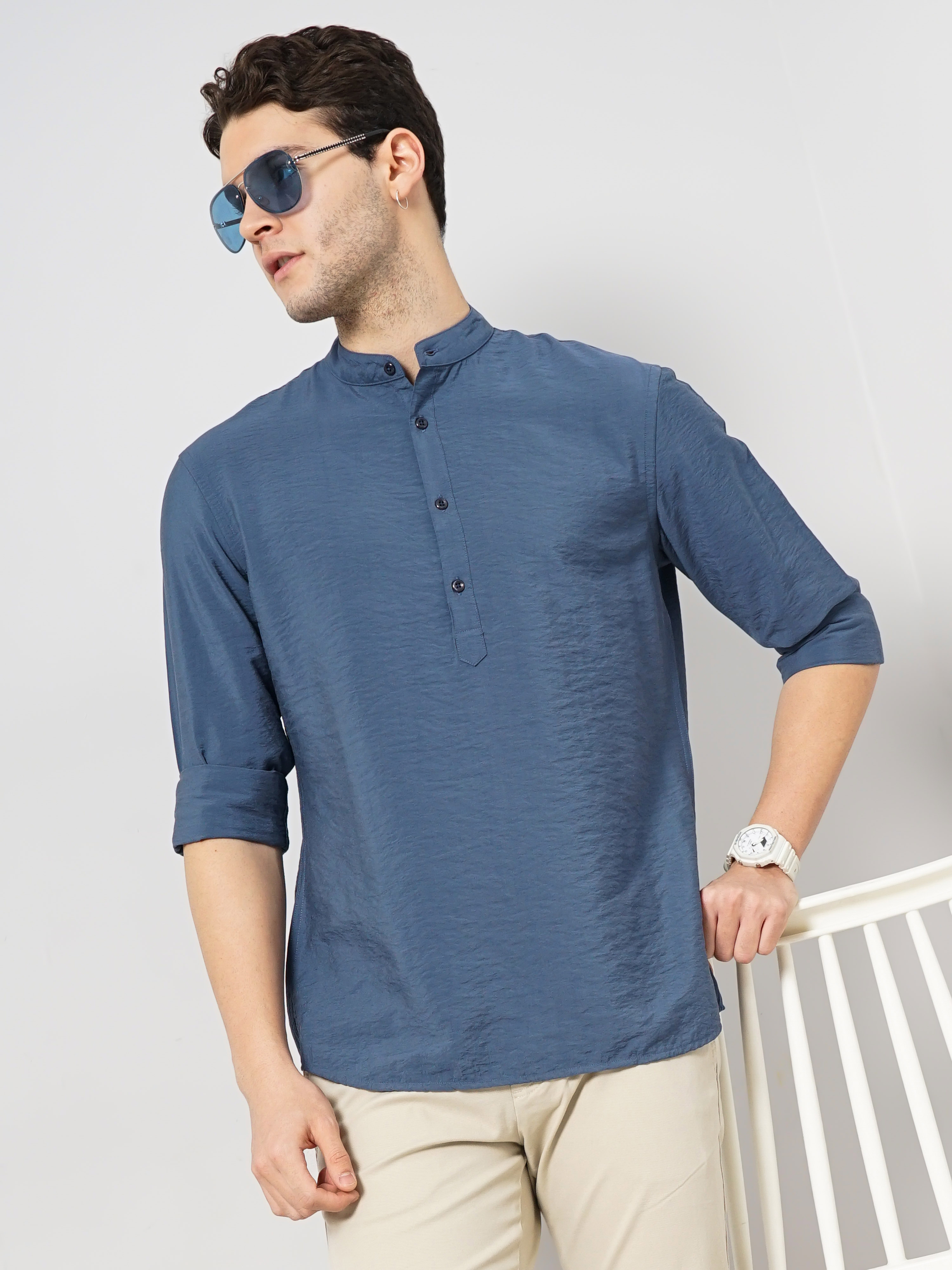 Celio Men Blue Solid Regular Fit Viscose Rayon Contemporary Casual Shirt