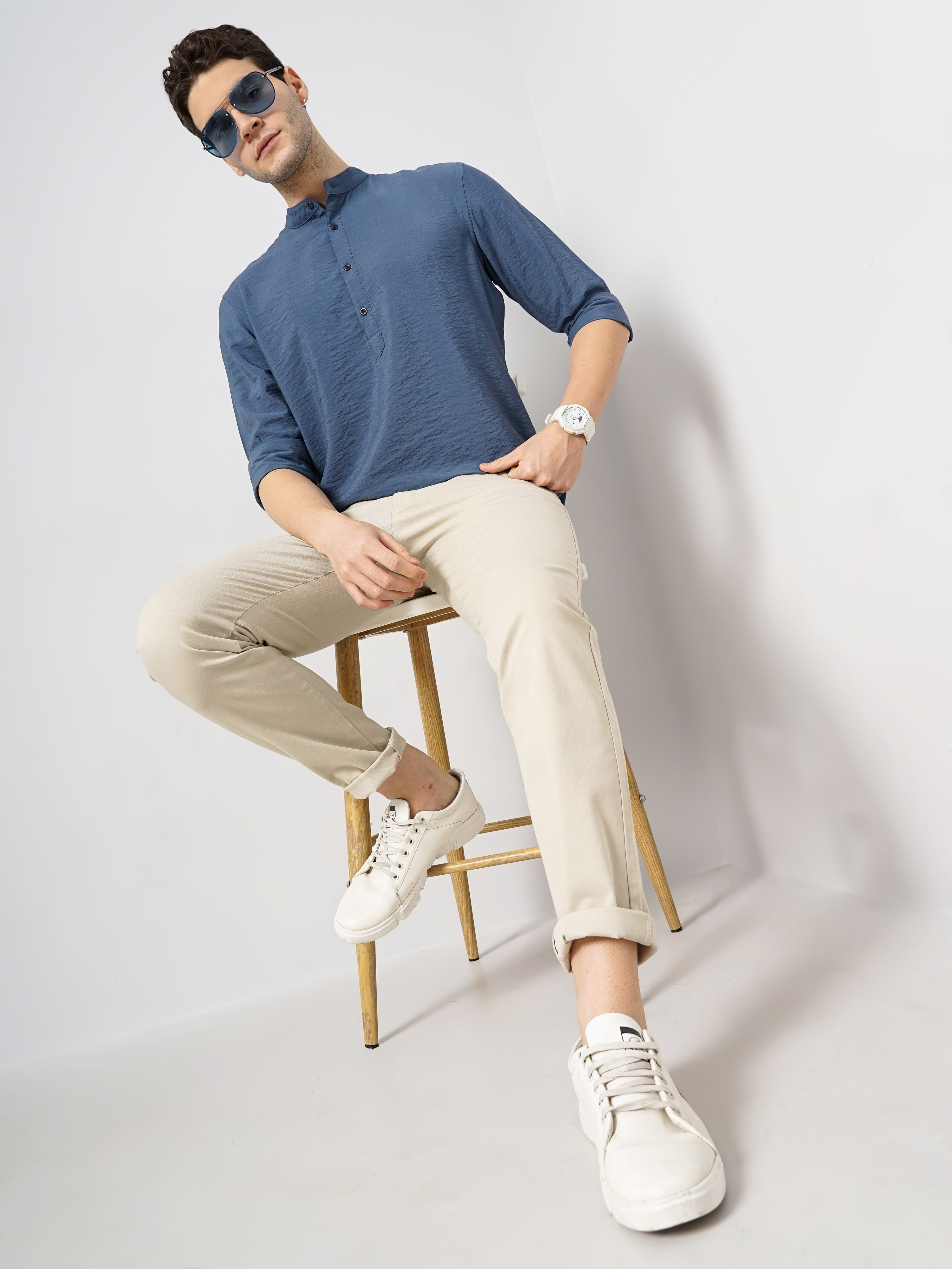 Celio Men Blue Solid Regular Fit Viscose Rayon Contemporary Casual Shirt