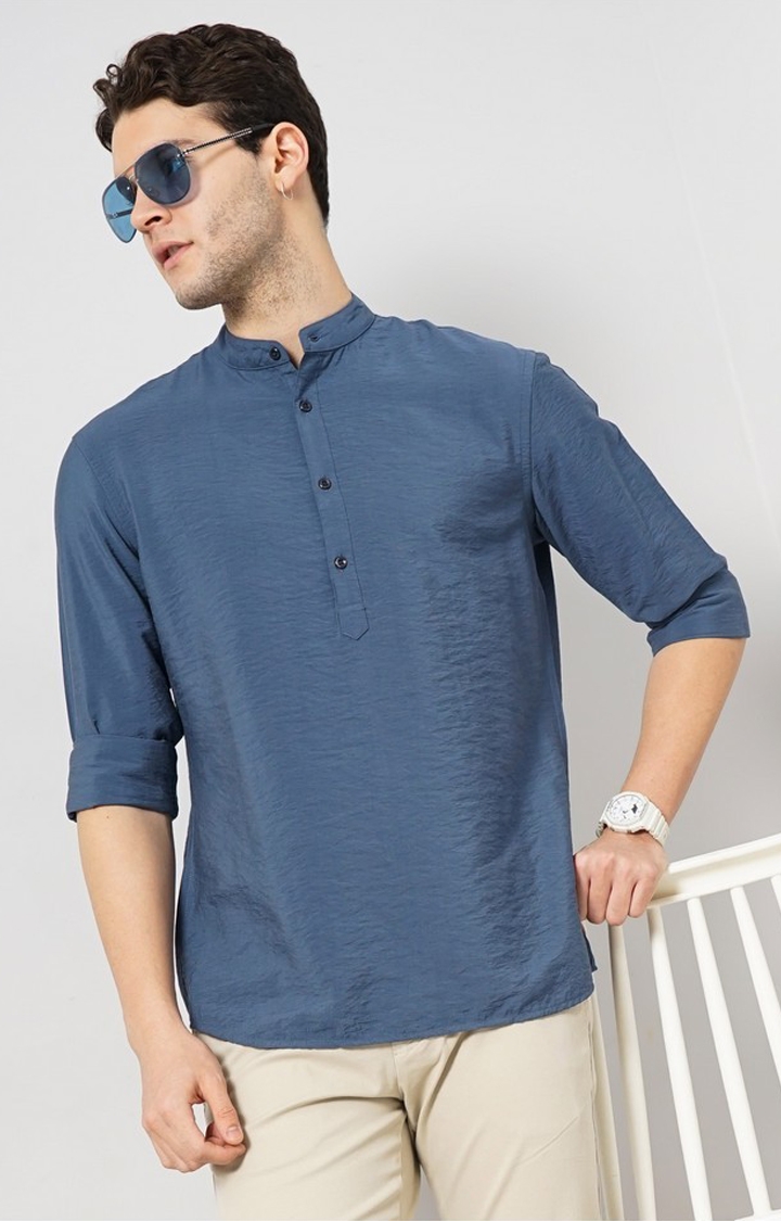 celio | Celio Men Blue Solid Regular Fit Viscose Rayon Contemporary Casual Shirt