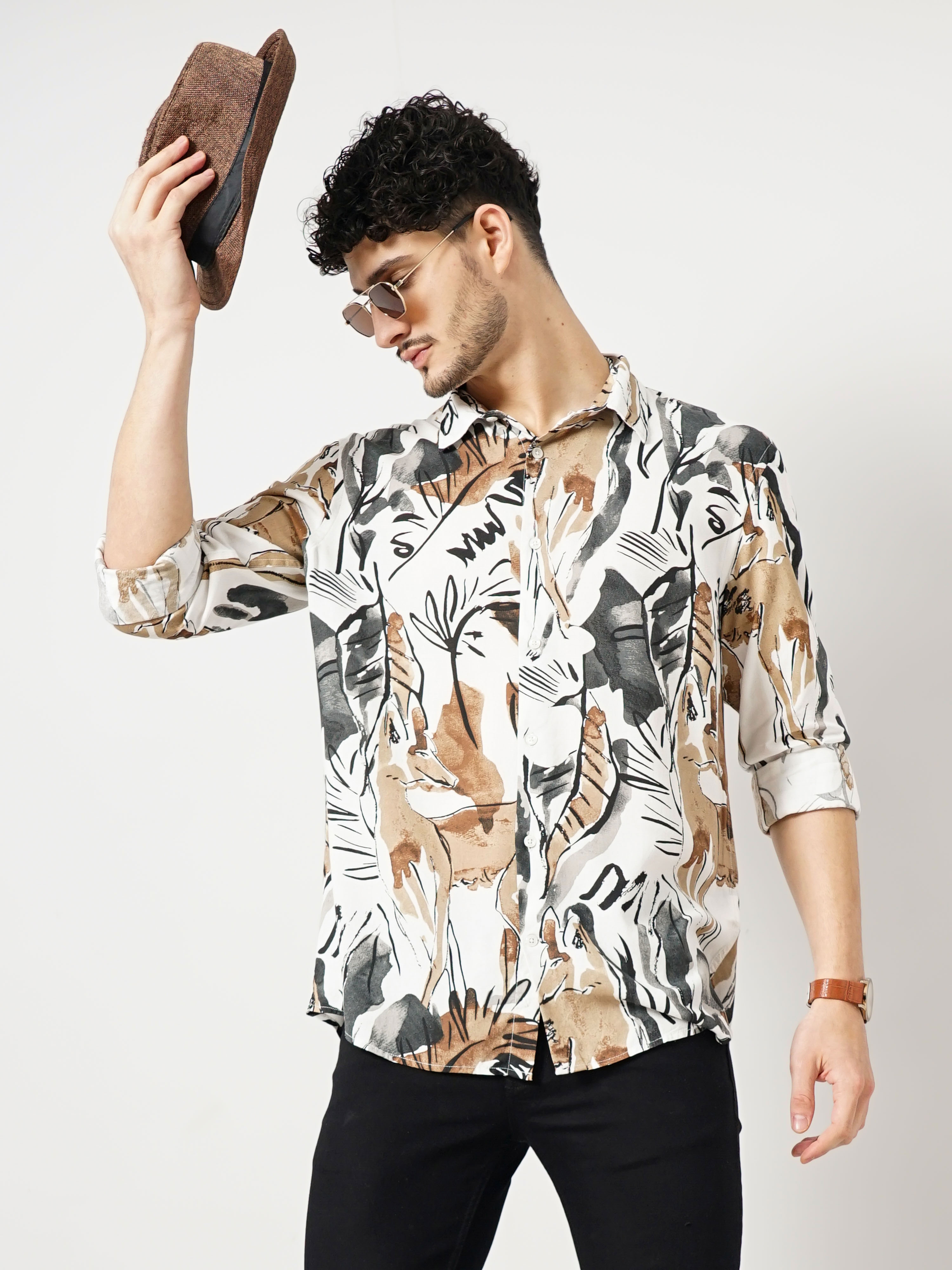 celio | Celio Men's Abstract White Full Sleeve Soft Touch Shirt