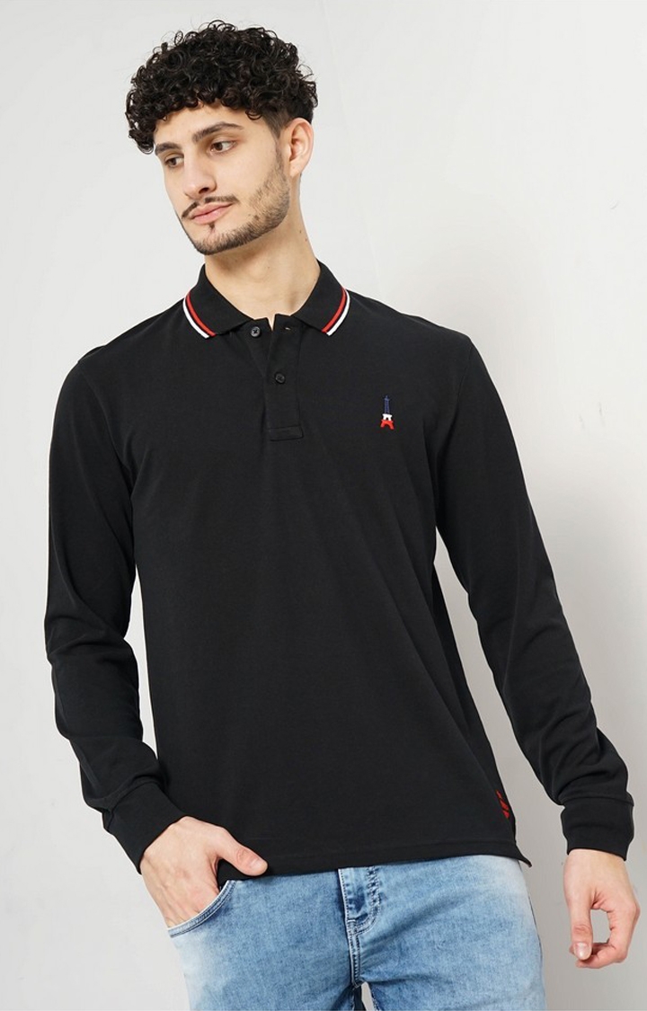 celio | Celio Men's Solid Black Full Sleeve Polo Collar French Polo Tshirt
