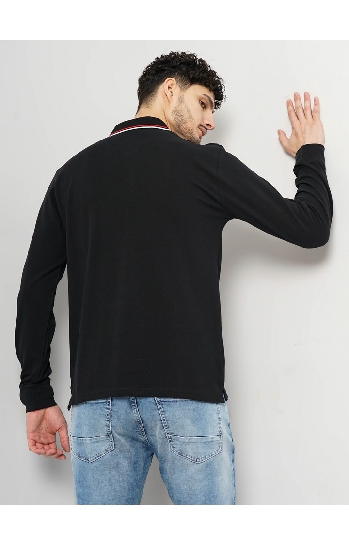 Celio Men's Solid Black Full Sleeve Polo Collar French Polo Tshirt