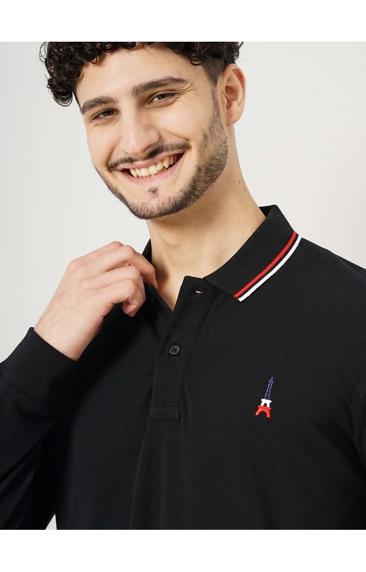 Celio Men's Solid Black Full Sleeve Polo Collar French Polo Tshirt