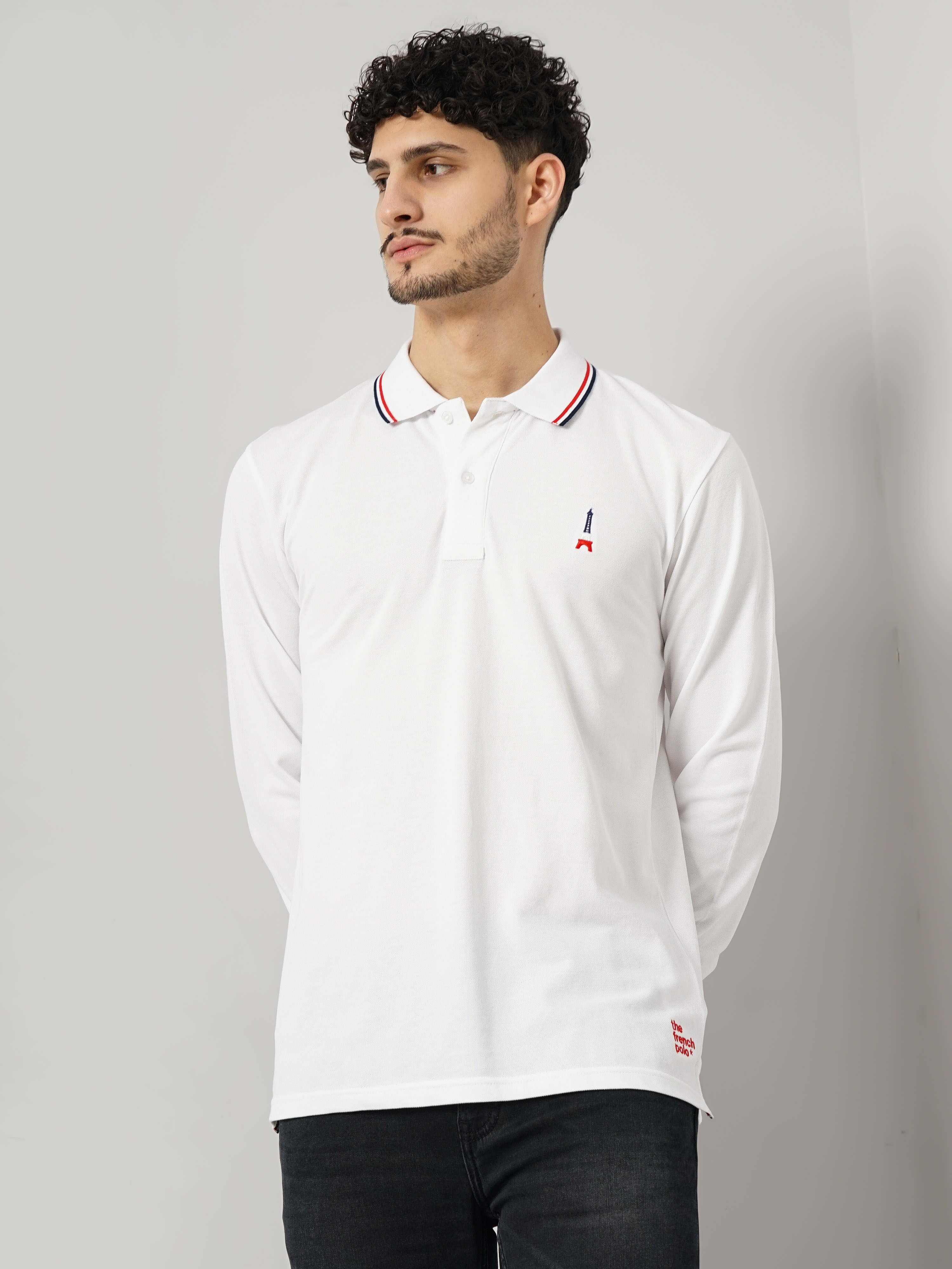Celio Men's Solid White Full Sleeve Polo Collar French Polo Tshirt