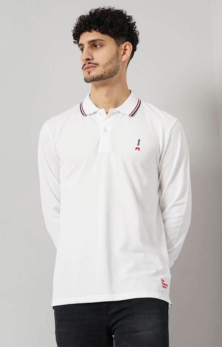 celio | Celio Men's Solid White Full Sleeve Polo Collar French Polo Tshirt