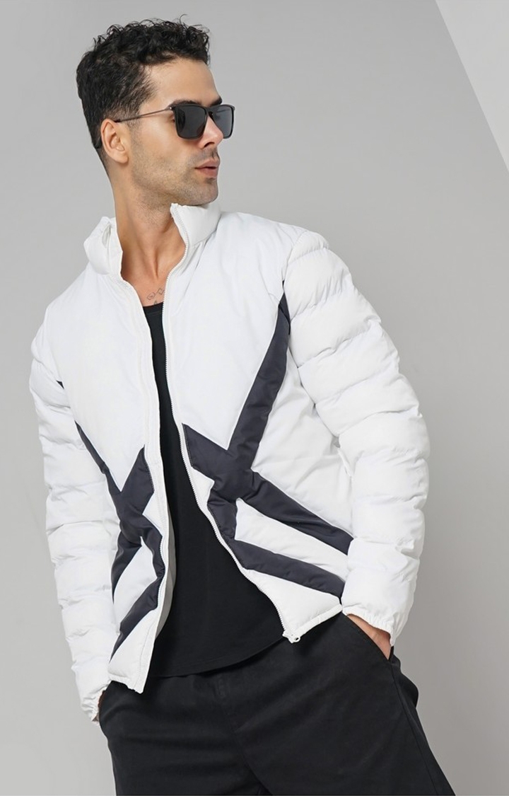 celio | Celio Men White Printed Regular Fit Polyester Puffy Jacket