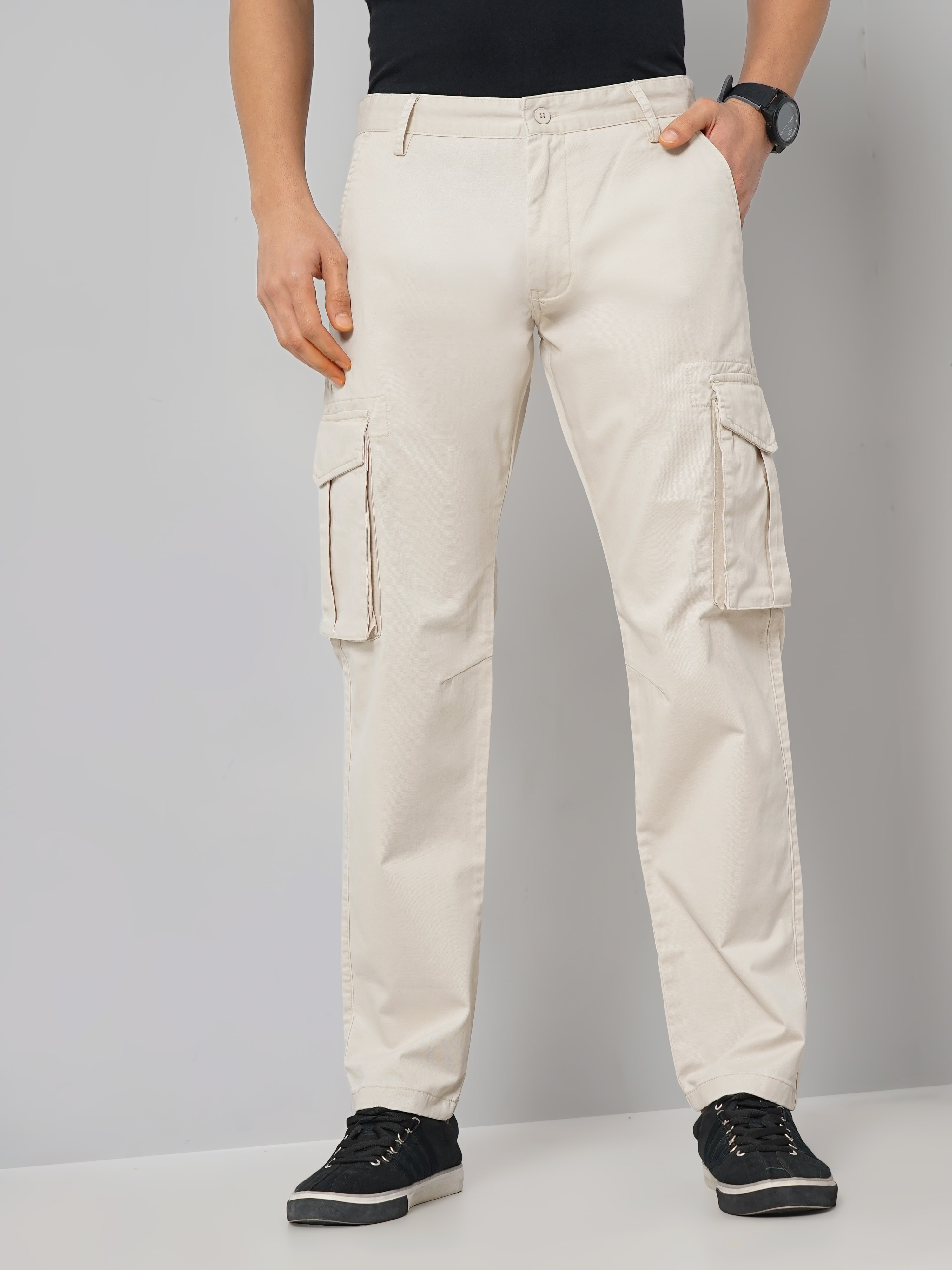celio | Celio Men Grey Solid Loose Fit Cotton Cargo Casual Trouser 0
