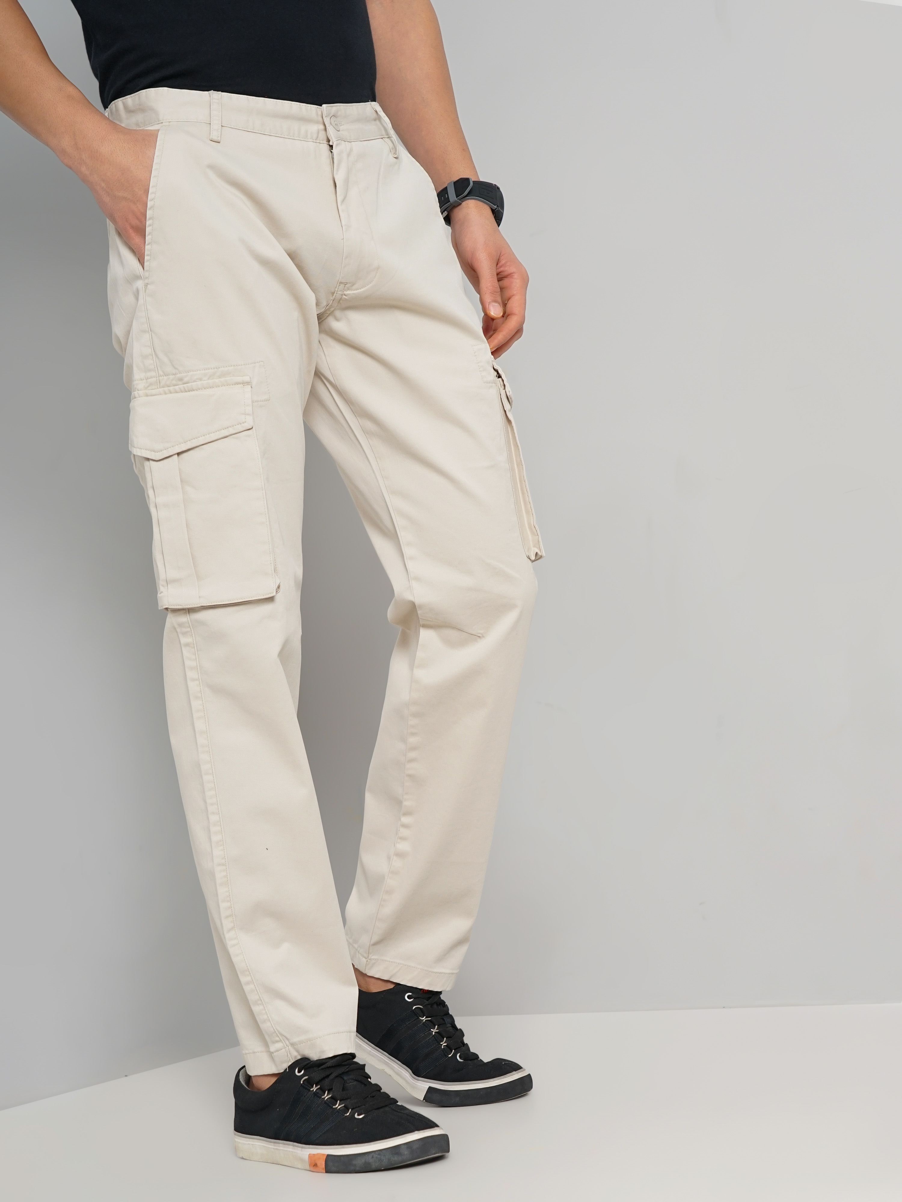 celio | Celio Men Grey Solid Loose Fit Cotton Cargo Casual Trouser 6