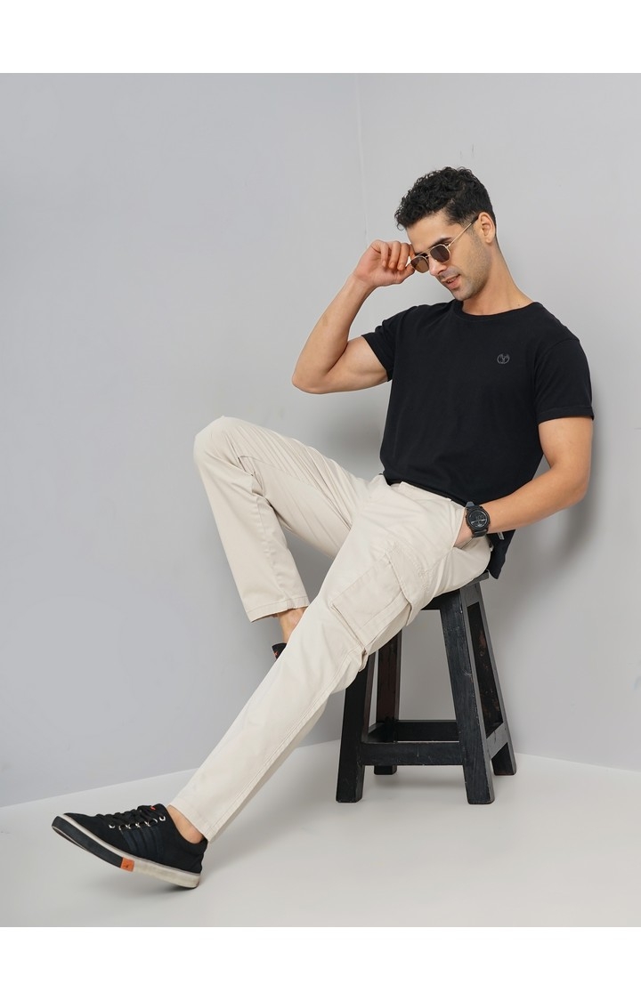 Celio Men Grey Solid Loose Fit Cotton Cargo Casual Trouser