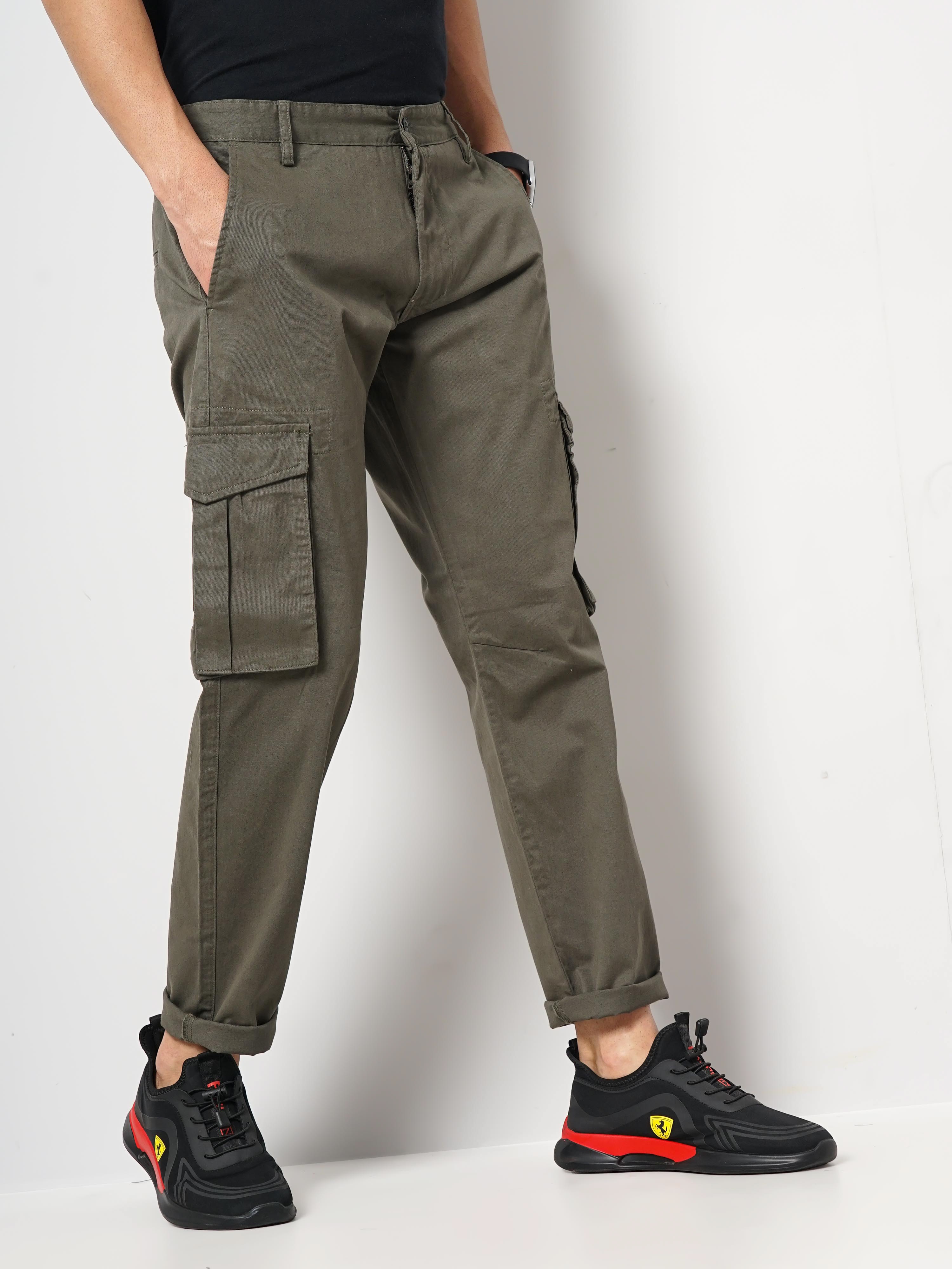 celio | Celio Men Olive Solid Loose Fit Cotton Cargo Casual Trouser 5