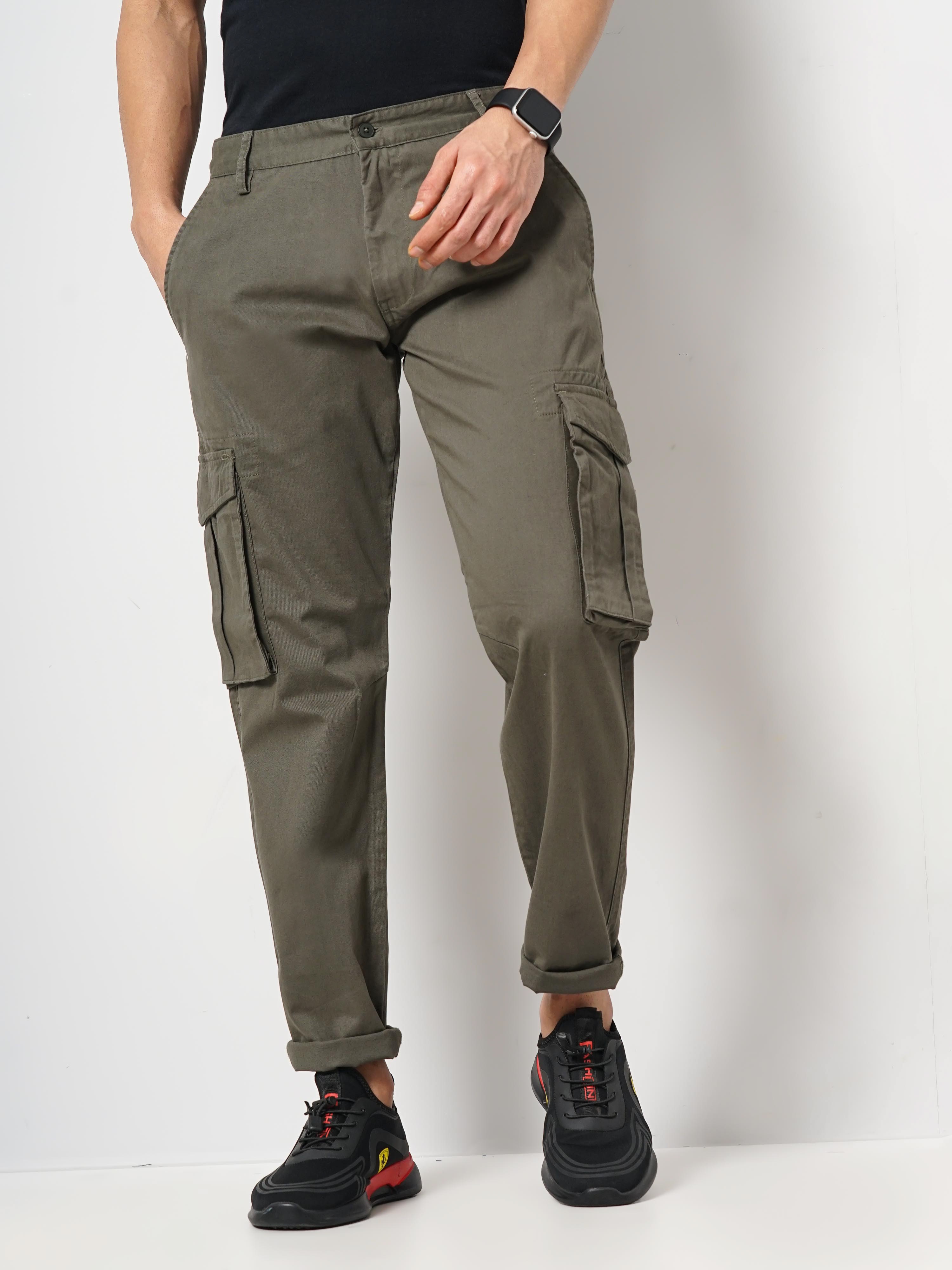 celio | Celio Men Olive Solid Loose Fit Cotton Cargo Casual Trouser 0