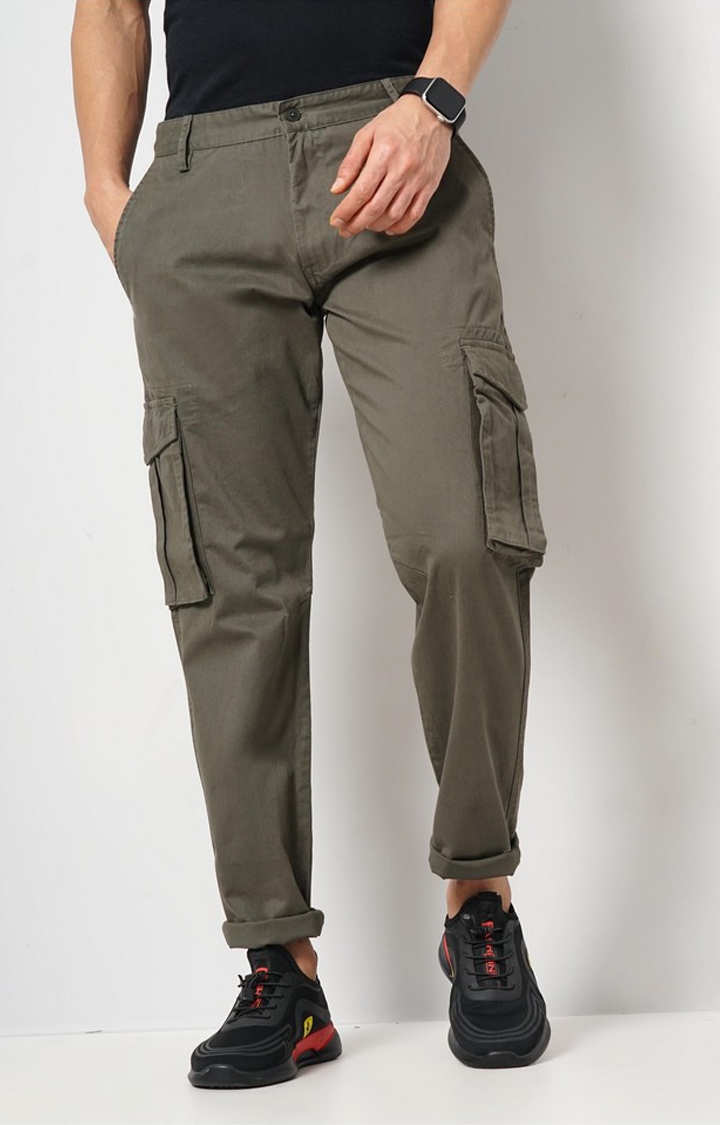 Celio Men Olive Solid Loose Fit Cotton Cargo Casual Trouser