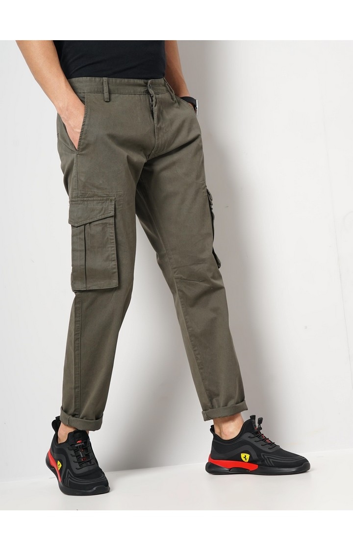 Celio Men Olive Solid Loose Fit Cotton Cargo Casual Trouser