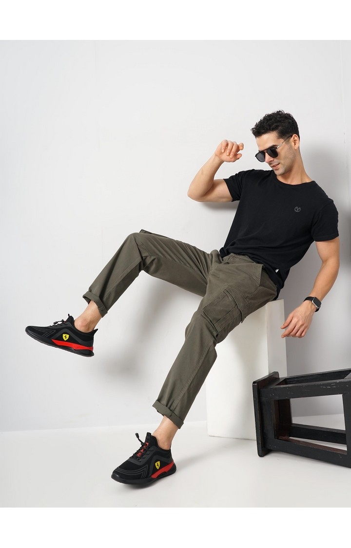 Celio Men Olive Solid Loose Fit Cotton Cargo Casual Trouser