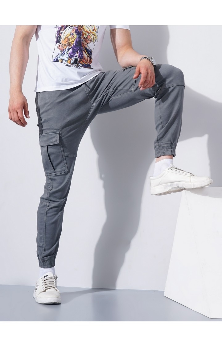 Celio Men Grey Solid Loose Fit Cotton Cargo Casual Trouser