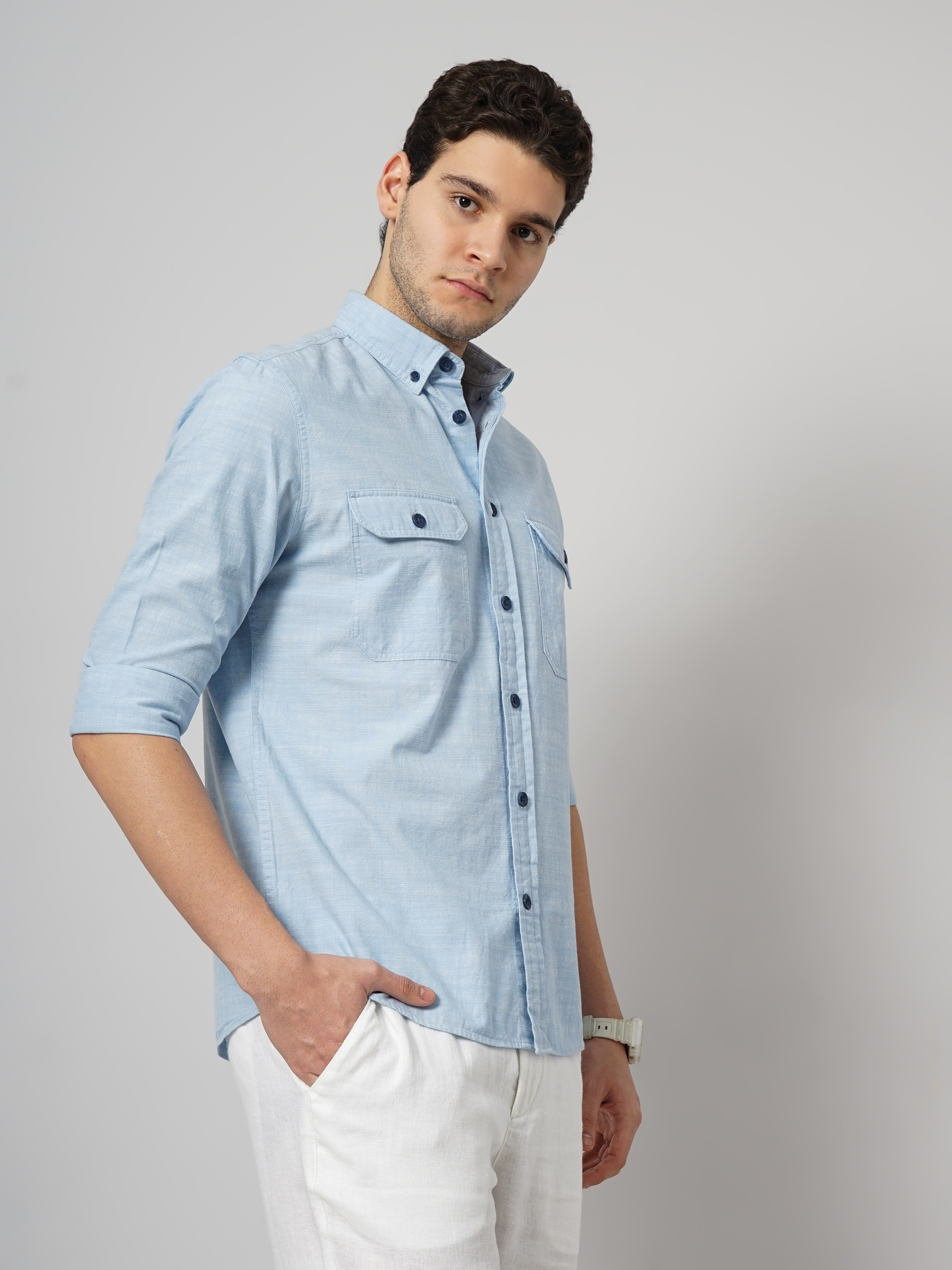 Celio Men Blue Solid Regular Fit Cotton Casual Shirt