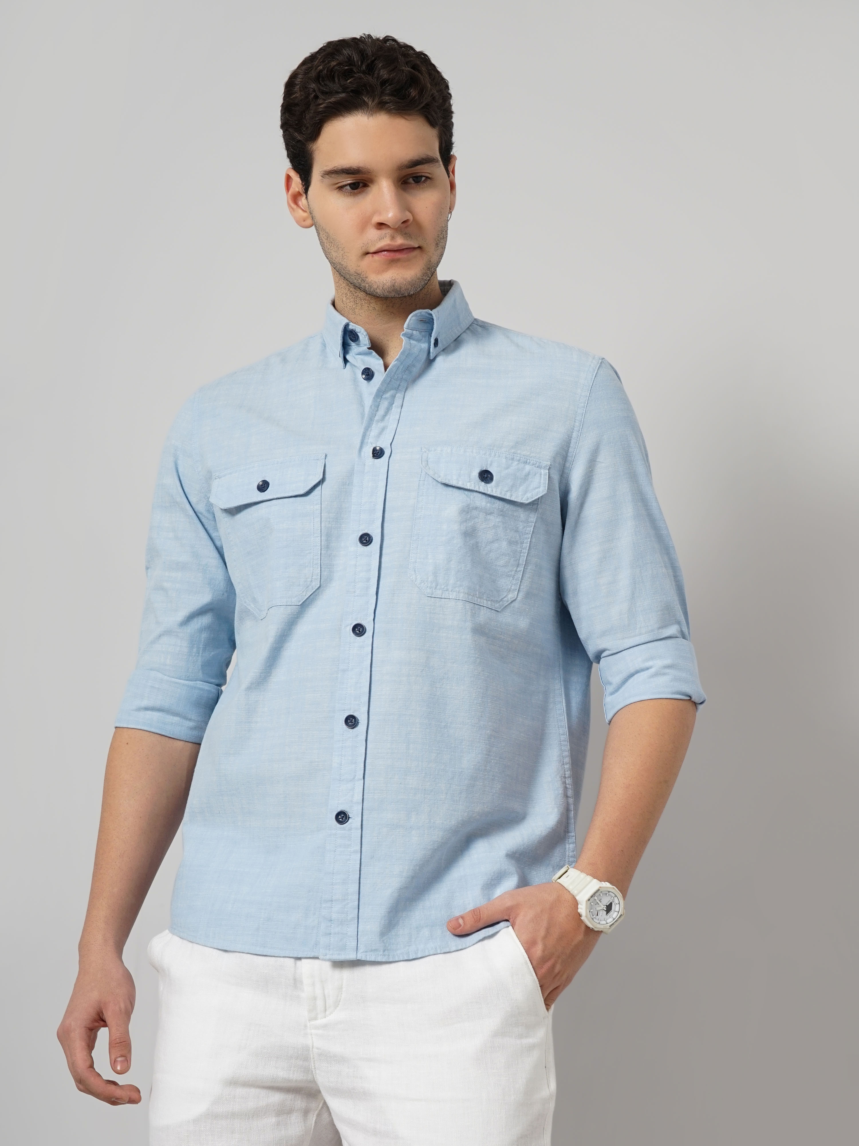 celio | Celio Men Blue Solid Regular Fit Cotton Casual Shirt