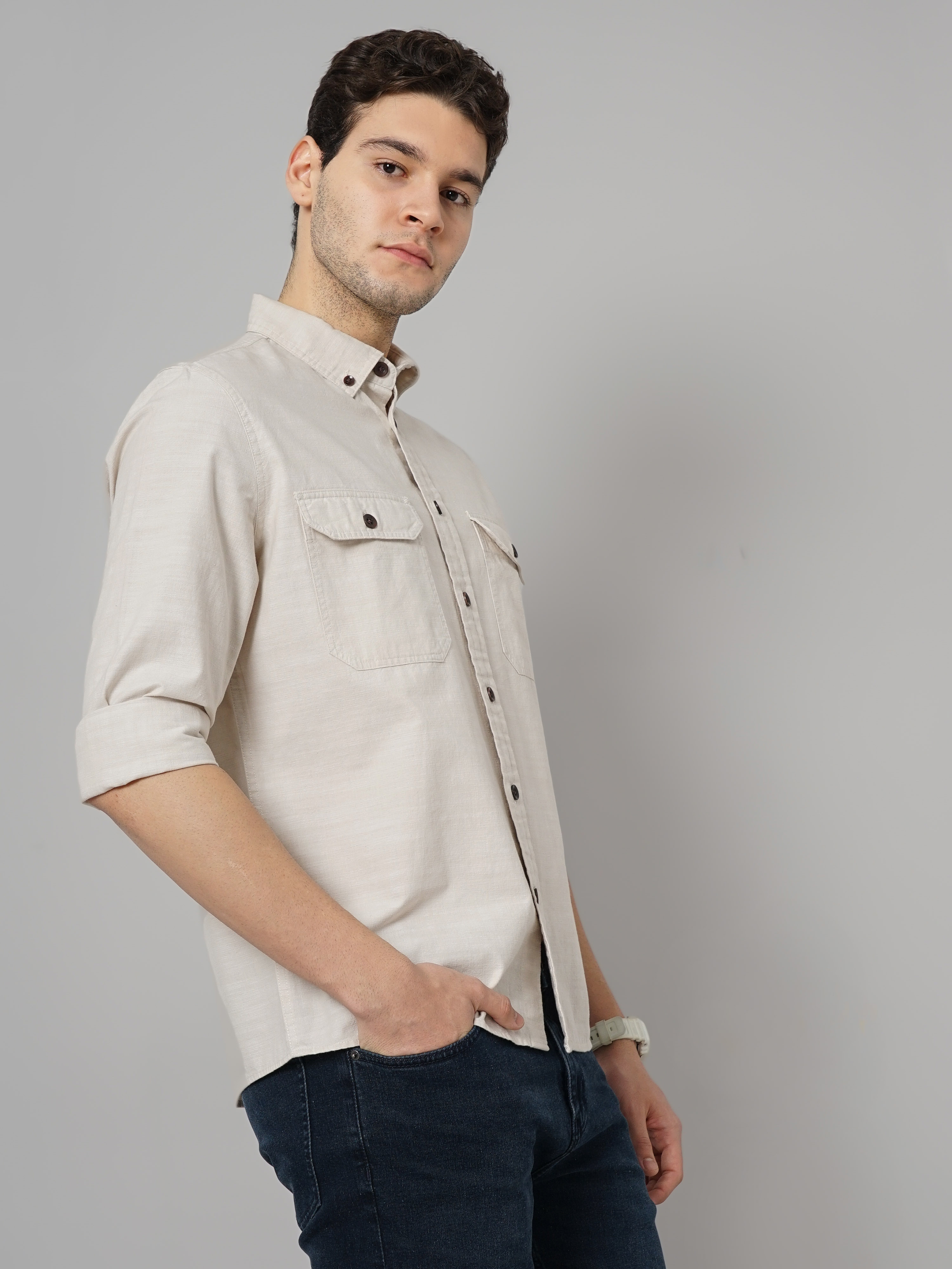 Celio Men Beige Solid Regular Fit Cotton Casual Shirt